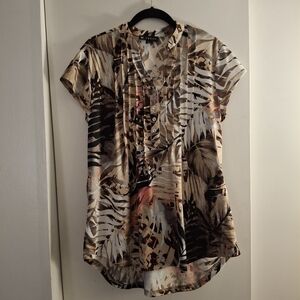 N Touch Women's Tropical Print Button-Up Cap Sleeve Blouse